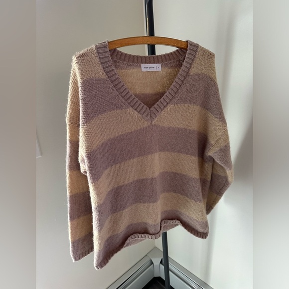 From Palmer Wool V-Neck Striped Sweater - Beige and Brown - Picture 1 of 9